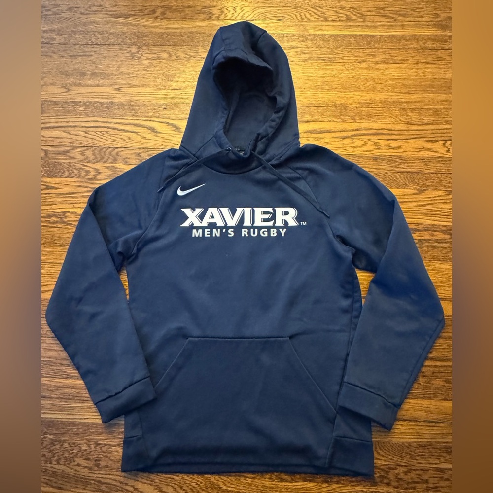 #637 Nike Men's Navy Blue Hoodie - Xavier Musketeers Men's Rugby